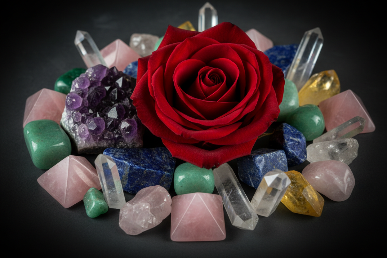 Red rose and coloured crystals around 